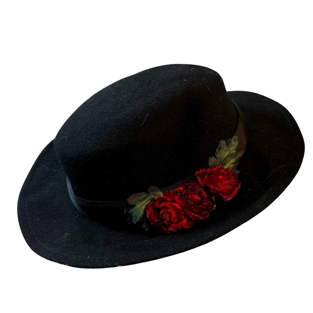 Vintage 80s Liz Claiborne Wool Felt Hat Red Rose Boater Fedora Boho Cottage USA